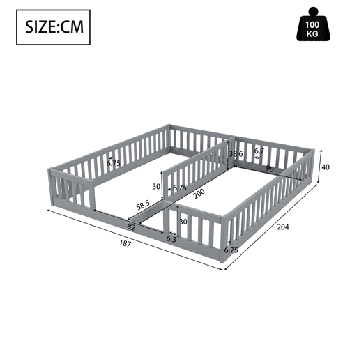 Cama de criança 2x90x200cm madeira maciça - com calhas - sem estrado - Cinzento