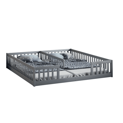 Cama de criança 2x90x200cm madeira maciça - com calhas - sem estrado - Cinzento