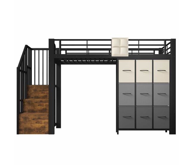 Litera alta 90x200 cm - con cajones, barra para ropa, barandilla, escalera con almacenamiento - negro