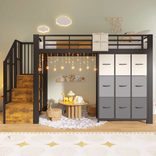 Beliche alto 90x200 cm - com gavetas, barra para roupa, grade de proteção, escada com espaço de arrumação - Preto