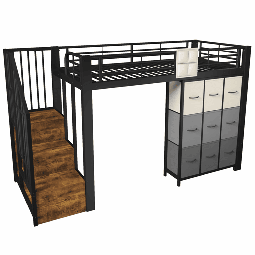Beliche alto 90x200 cm - com gavetas, barra para roupa, grade de proteção, escada com espaço de arrumação - Preto