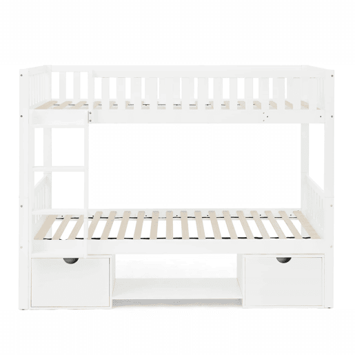 Cama infantil dupla em madeira maciça de pinho, 90×200 cm - convertível em 2 camas individuais, com grades de segurança, gavetas de arrumação, inclui escada, desmontável - branca (sem colchão)