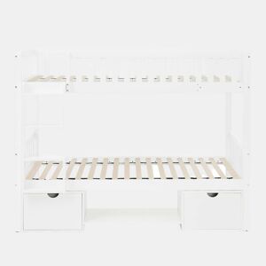 Cama infantil dupla em madeira maciça de pinho, 90×200 cm - convertível em 2 camas individuais, com grades de segurança, gavetas de arrumação, inclui escada, desmontável - branca (sem colchão)