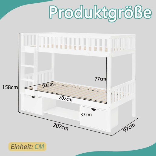 Cama infantil dupla em madeira maciça de pinho, 90×200 cm - convertível em 2 camas individuais, com grades de segurança, gavetas de arrumação, inclui escada, desmontável - branca (sem colchão)