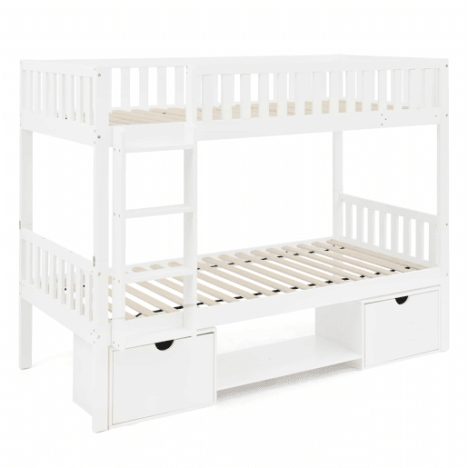Cama infantil dupla em madeira maciça de pinho, 90×200 cm - convertível em 2 camas individuais, com grades de segurança, gavetas de arrumação, inclui escada, desmontável - branca (sem colchão)