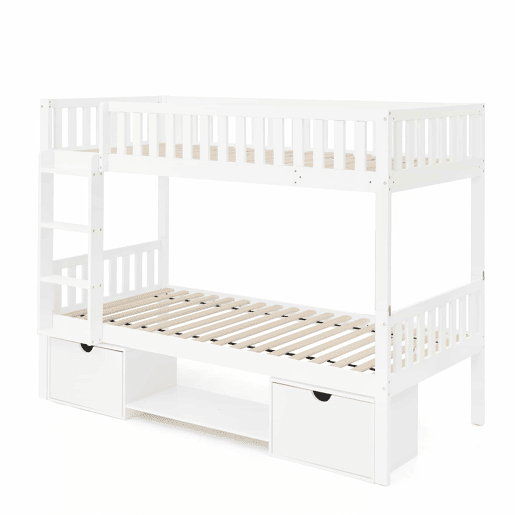 Cama infantil dupla em madeira maciça de pinho, 90×200 cm - convertível em 2 camas individuais, com grades de segurança, gavetas de arrumação, inclui escada, desmontável - branca (sem colchão)