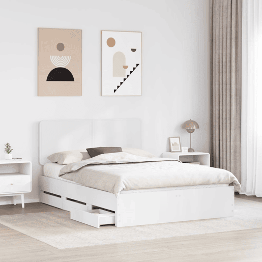 Estrutura De Cama De Casal Moderno - Branco 150 x 200 cm Madeira de Engenharia Estrutura De Cama De Casal Moderno - Branco 150 x 200 cm Madeira de Engenharia