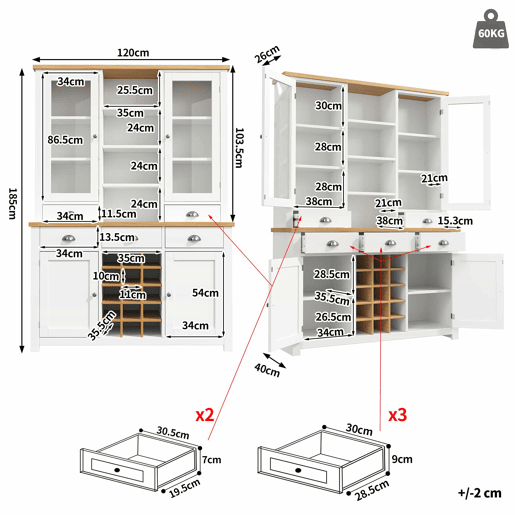Armário alto multifuncional - com sistema anti-tombamento, porta de vidro, puxadores metálicos, fecho suave e prateleira extraível para garrafas - Branco