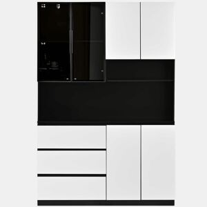 Armário de cozinha com vitrina LED 120,5 x 40 x 180 cm - 3 gavetas, 6 portas, prateleiras e espaço para micro-ondas - branco e preto