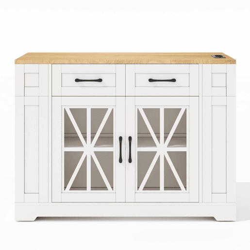 Ilha de cozinha portátil 120 cm - Mesa de jantar dobrável, prateleira aberta, tomada AC, porta USB, porta de vidro, laminado ajustável, rodas com travões - Branco + Natural