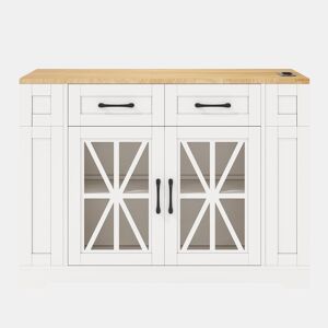Ilha de cozinha portátil 120 cm - Mesa de jantar dobrável, prateleira aberta, tomada AC, porta USB, porta de vidro, laminado ajustável, rodas com travões - Branco + Natural