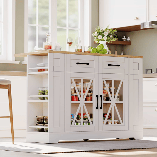 Ilha de cozinha portátil 120 cm - Mesa de jantar dobrável, prateleira aberta, tomada AC, porta USB, porta de vidro, laminado ajustável, rodas com travões - Branco + Natural