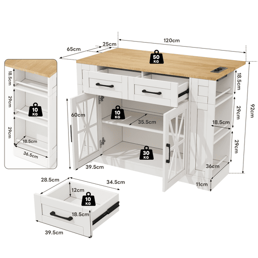 Ilha de cozinha portátil 120 cm - Mesa de jantar dobrável, prateleira aberta, tomada AC, porta USB, porta de vidro, laminado ajustável, rodas com travões - Branco + Natural