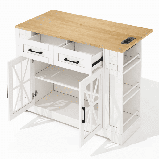 Ilha de cozinha portátil 120 cm - Mesa de jantar dobrável, prateleira aberta, tomada AC, porta USB, porta de vidro, laminado ajustável, rodas com travões - Branco + Natural