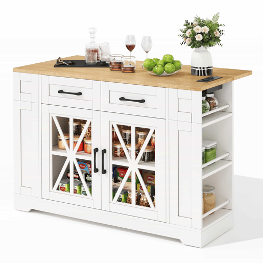 Ilha de cozinha portátil 120 cm - Mesa de jantar dobrável, prateleira aberta, tomada AC, porta USB, porta de vidro, laminado ajustável, rodas com travões - Branco + Natural