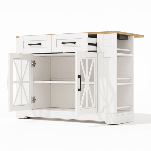 Ilha de cozinha portátil 120 cm - Mesa de jantar dobrável, prateleira aberta, tomada AC, porta USB, porta de vidro, laminado ajustável, rodas com travões - Branco + Natural