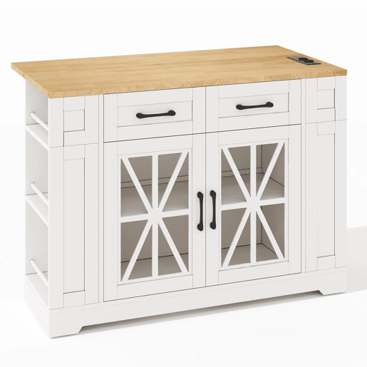 Ilha de cozinha portátil 120 cm - Mesa de jantar dobrável, prateleira aberta, tomada AC, porta USB, porta de vidro, laminado ajustável, rodas com travões - Branco + Natural