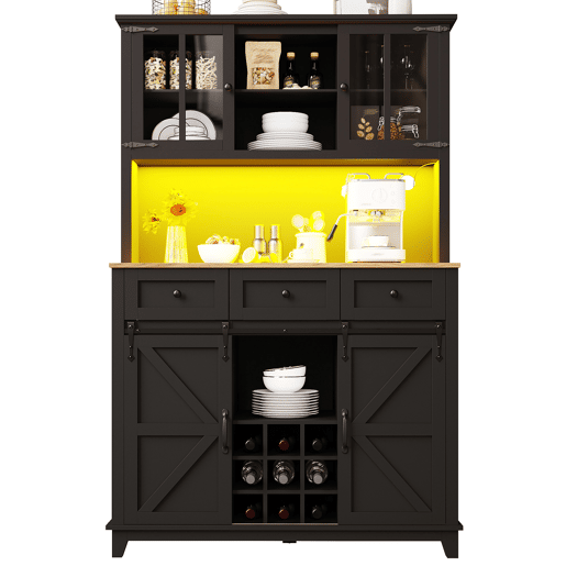 Armário de cozinha 105x38,4x180 cm - Vitrina com prateleiras ajustáveis, aparador com iluminação LED, cores de luz variáveis - Preto