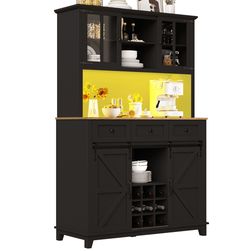 Armário de cozinha 105x38,4x180 cm - Vitrina com prateleiras ajustáveis, aparador com iluminação LED, cores de luz variáveis - Preto