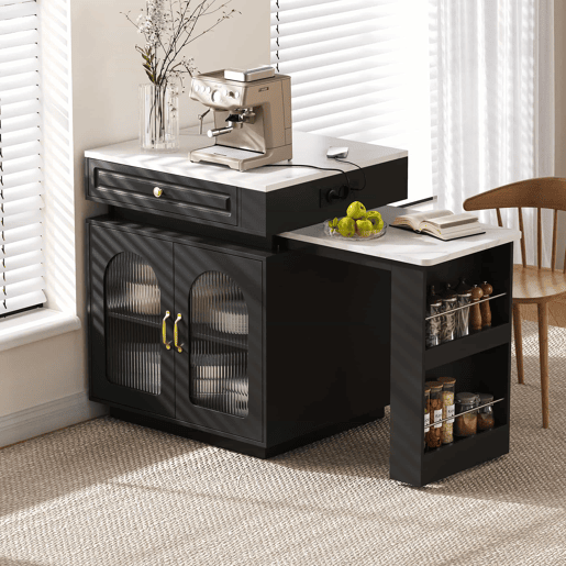 Ilha de cozinha com rodízios - mesa extensível com luz LED, barra com tomadas, multifuncional para cozinha e sala de jantar - Preto Ilha de cozinha com rodízios - mesa extensível com luz LED, barra com tomadas, multifuncional para cozinha e sala de jantar - Preto
