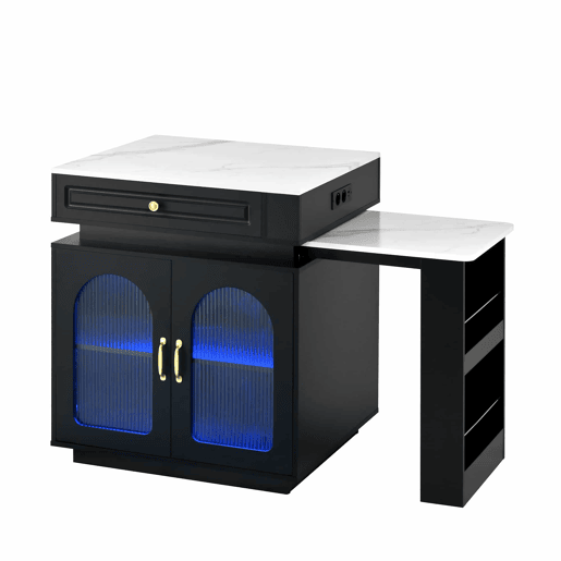 Ilha de cozinha com rodízios - mesa extensível com luz LED, barra com tomadas, multifuncional para cozinha e sala de jantar - Preto Ilha de cozinha com rodízios - mesa extensível com luz LED, barra com tomadas, multifuncional para cozinha e sala de jantar - Preto