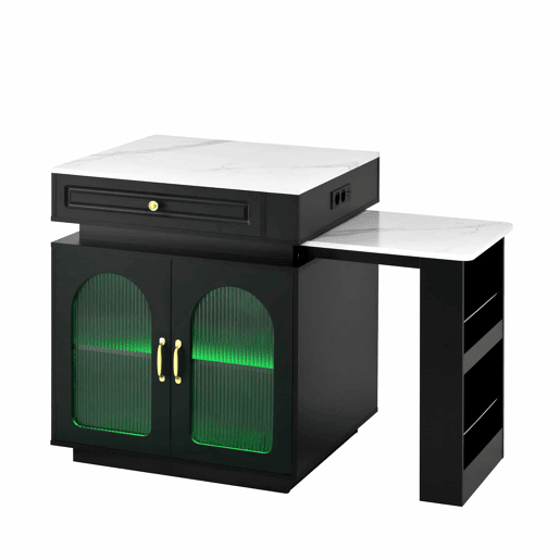 Ilha de cozinha com rodízios - mesa extensível com luz LED, barra com tomadas, multifuncional para cozinha e sala de jantar - Preto Ilha de cozinha com rodízios - mesa extensível com luz LED, barra com tomadas, multifuncional para cozinha e sala de jantar - Preto