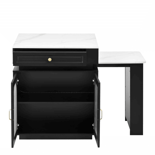Ilha de cozinha com rodízios - mesa extensível com luz LED, barra com tomadas, multifuncional para cozinha e sala de jantar - Preto Ilha de cozinha com rodízios - mesa extensível com luz LED, barra com tomadas, multifuncional para cozinha e sala de jantar - Preto