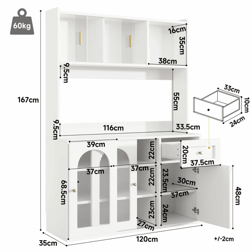 Armário de cozinha - 104x40x180 cm - com prateleiras ajustáveis, aparador, vitrine, com iluminação LED - Branco