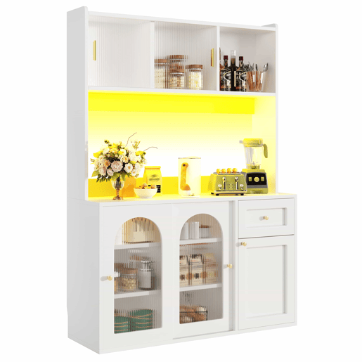 Armário de cozinha - 104x40x180 cm - com prateleiras ajustáveis, aparador, vitrine, com iluminação LED - Branco