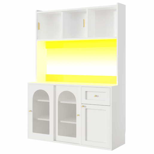 Armário de cozinha - 104x40x180 cm - com prateleiras ajustáveis, aparador, vitrine, com iluminação LED - Branco