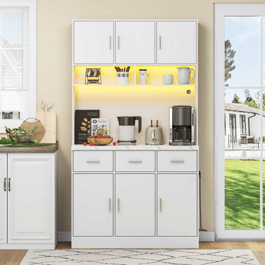 Buffet multifuncional 100x40x180 cm - com iluminação LED, controlo remoto, prateleiras ajustáveis, orifícios para cabos e tomadas - Branco