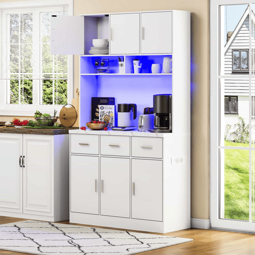 Buffet multifuncional 100x40x180 cm - com iluminação LED, controlo remoto, prateleiras ajustáveis, orifícios para cabos e tomadas - Branco