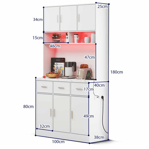 Buffet multifuncional 100x40x180 cm - com iluminação LED, controlo remoto, prateleiras ajustáveis, orifícios para cabos e tomadas - Branco