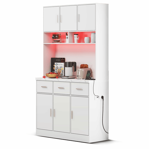 Buffet multifuncional 100x40x180 cm - com iluminação LED, controlo remoto, prateleiras ajustáveis, orifícios para cabos e tomadas - Branco