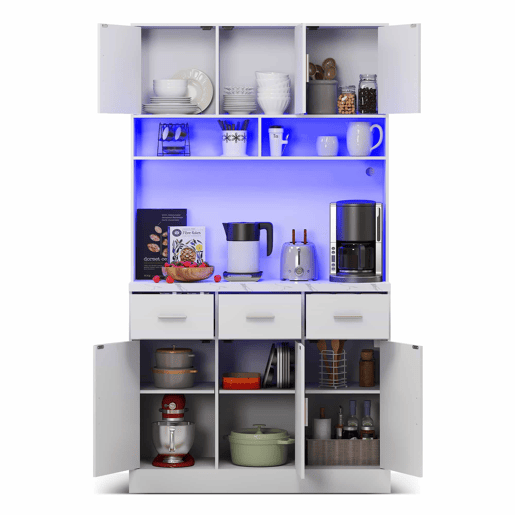 Buffet multifuncional 100x40x180 cm - com iluminação LED, controlo remoto, prateleiras ajustáveis, orifícios para cabos e tomadas - Branco