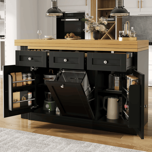 Mesa de bar extensível e dobrável com espaço de arrumação, gaveta e tabuleiro para snacks, suporte removível para cesto do lixo, design que poupa espaço para apartamentos e cozinhas pequenas - Preto