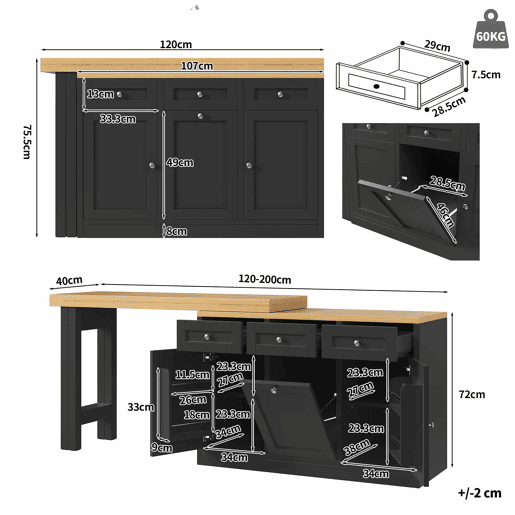 Mesa de bar extensível e dobrável com espaço de arrumação, gaveta e tabuleiro para snacks, suporte removível para cesto do lixo, design que poupa espaço para apartamentos e cozinhas pequenas - Preto