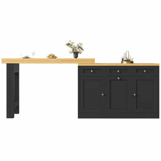 Mesa de bar extensível e dobrável com espaço de arrumação, gaveta e tabuleiro para snacks, suporte removível para cesto do lixo, design que poupa espaço para apartamentos e cozinhas pequenas - Preto