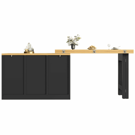 Mesa de bar extensível e dobrável com espaço de arrumação, gaveta e tabuleiro para snacks, suporte removível para cesto do lixo, design que poupa espaço para apartamentos e cozinhas pequenas - Preto