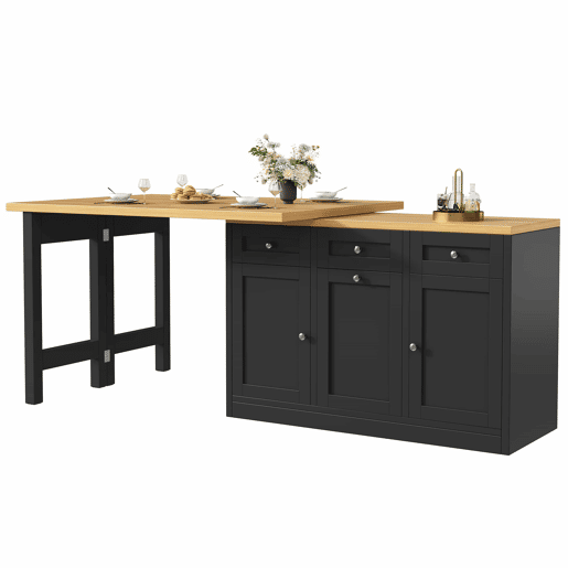 Mesa de bar extensível e dobrável com espaço de arrumação, gaveta e tabuleiro para snacks, suporte removível para cesto do lixo, design que poupa espaço para apartamentos e cozinhas pequenas - Preto