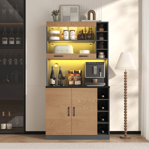 Armário de cozinha 100x47x187 cm - Buffet com iluminação ambiente LED, orifícios para cabos, prateleiras ajustáveis - Natural+Cinza