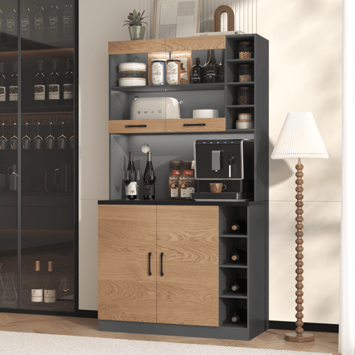 Armário de cozinha 100x47x187 cm - Buffet com iluminação ambiente LED, orifícios para cabos, prateleiras ajustáveis - Natural+Cinza