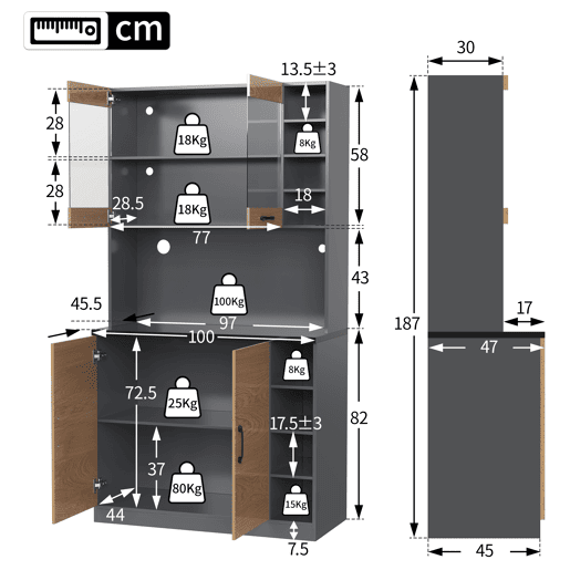 Armário de cozinha 100x47x187 cm - Buffet com iluminação ambiente LED, orifícios para cabos, prateleiras ajustáveis - Natural+Cinza