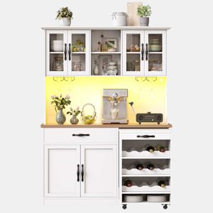 Armário de cozinha alto de 140 cm u2013 com gaveta extraível, iluminação LED, suporte para garrafas e copos de vinho, aparador para sala de estar e sala de jantar u2013 branco