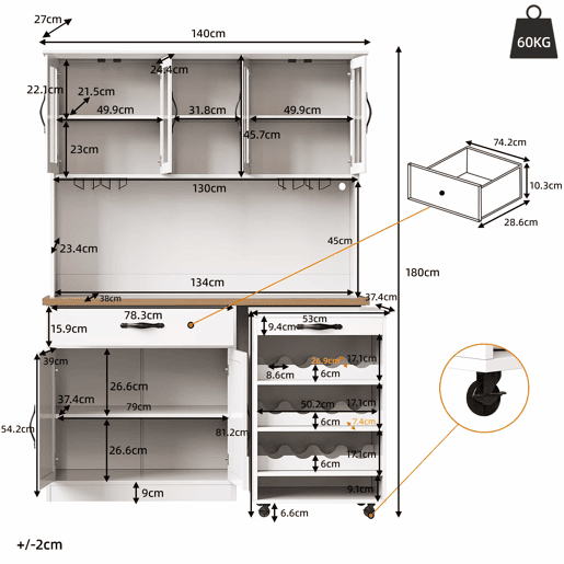 Armário de cozinha alto de 140 cm u2013 com gaveta extraível, iluminação LED, suporte para garrafas e copos de vinho, aparador para sala de estar e sala de jantar u2013 branco