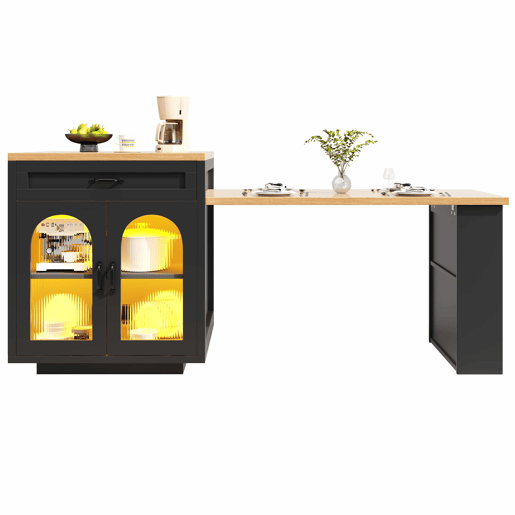 Ilha de cozinha extensível com LED - 2 gavetas, prateleiras ajustáveis, portas de vidro estriado, bancada de cozinha em MDF para sala de jantar - Preto Ilha de cozinha extensível com LED - 2 gavetas, prateleiras ajustáveis, portas de vidro estriado, bancada de cozinha em MDF para sala de jantar - Preto