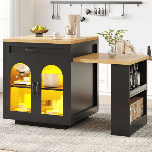 Ilha de cozinha extensível com LED - 2 gavetas, prateleiras ajustáveis, portas de vidro estriado, bancada de cozinha em MDF para sala de jantar - Preto Ilha de cozinha extensível com LED - 2 gavetas, prateleiras ajustáveis, portas de vidro estriado, bancada de cozinha em MDF para sala de jantar - Preto