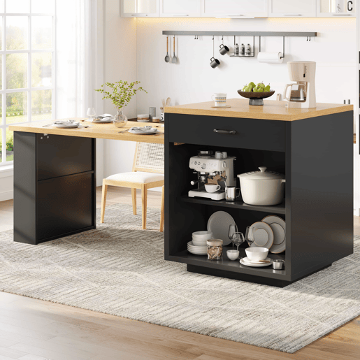 Ilha de cozinha extensível com LED - 2 gavetas, prateleiras ajustáveis, portas de vidro estriado, bancada de cozinha em MDF para sala de jantar - Preto Ilha de cozinha extensível com LED - 2 gavetas, prateleiras ajustáveis, portas de vidro estriado, bancada de cozinha em MDF para sala de jantar - Preto
