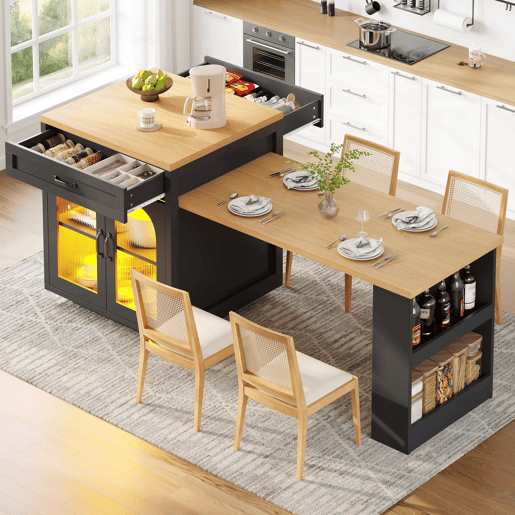 Ilha de cozinha extensível com LED - 2 gavetas, prateleiras ajustáveis, portas de vidro estriado, bancada de cozinha em MDF para sala de jantar - Preto Ilha de cozinha extensível com LED - 2 gavetas, prateleiras ajustáveis, portas de vidro estriado, bancada de cozinha em MDF para sala de jantar - Preto