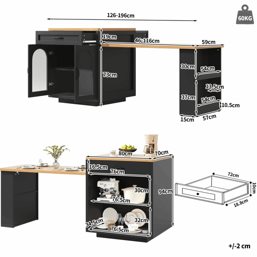 Ilha de cozinha extensível com LED - 2 gavetas, prateleiras ajustáveis, portas de vidro estriado, bancada de cozinha em MDF para sala de jantar - Preto Ilha de cozinha extensível com LED - 2 gavetas, prateleiras ajustáveis, portas de vidro estriado, bancada de cozinha em MDF para sala de jantar - Preto